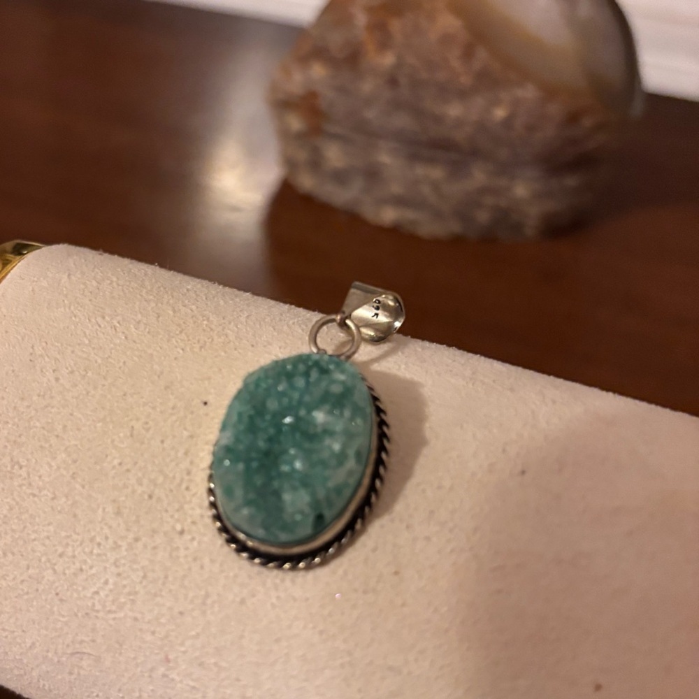 Druzy Light Green Agate Sterling Pendant Necklace!